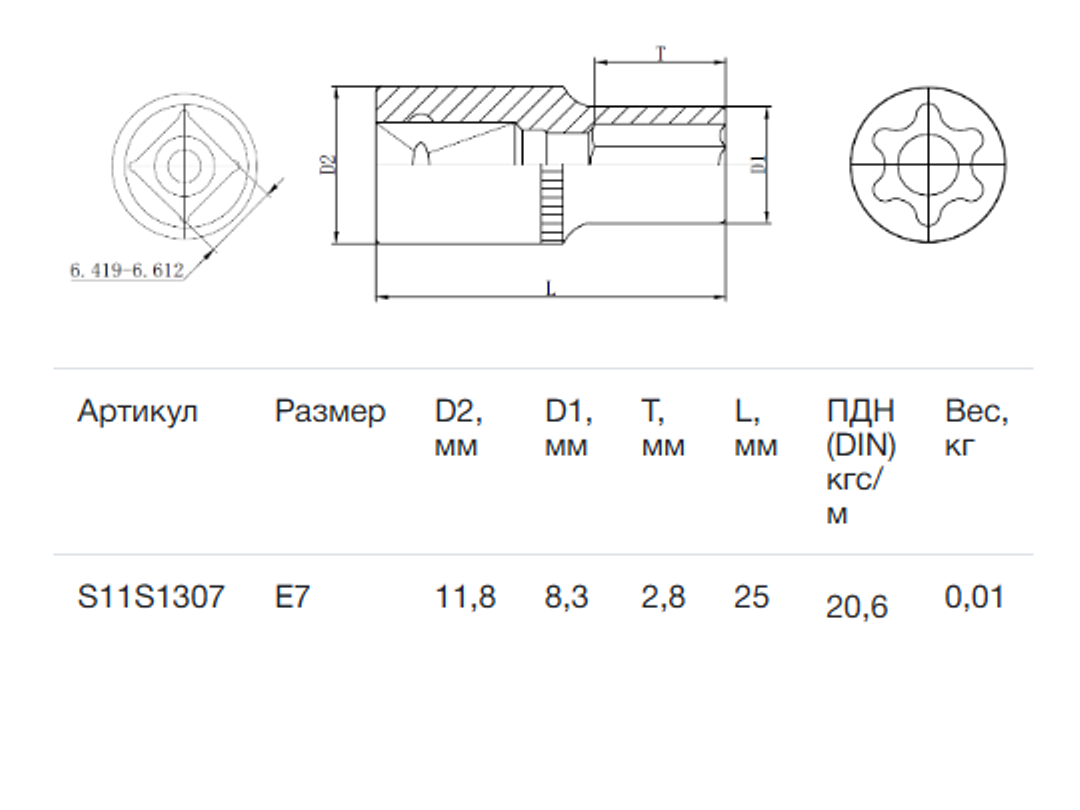 Изображение товара Торцевая головка Thorvik S11S1307 1/4 дюйма Torx Е профиль