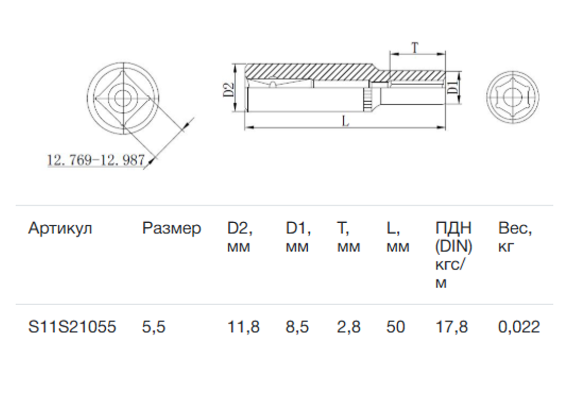 Изображение товара Торцевая головка Thorvik 1/4 дюйма 5.5 мм удлиненная шестигранная