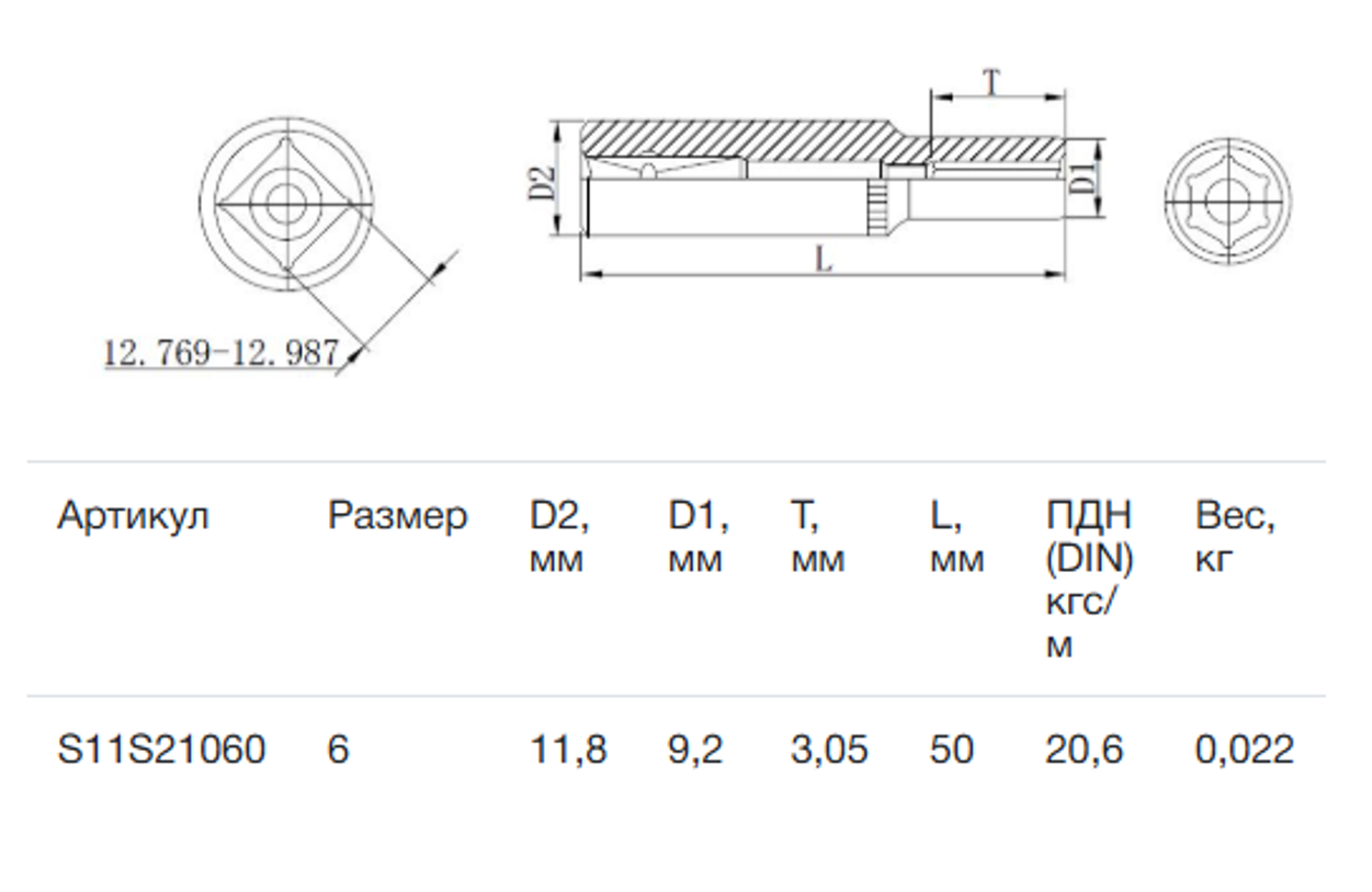 Изображение товара Торцевая удлиненная шестигранная головка Thorvik 1/4 6 мм