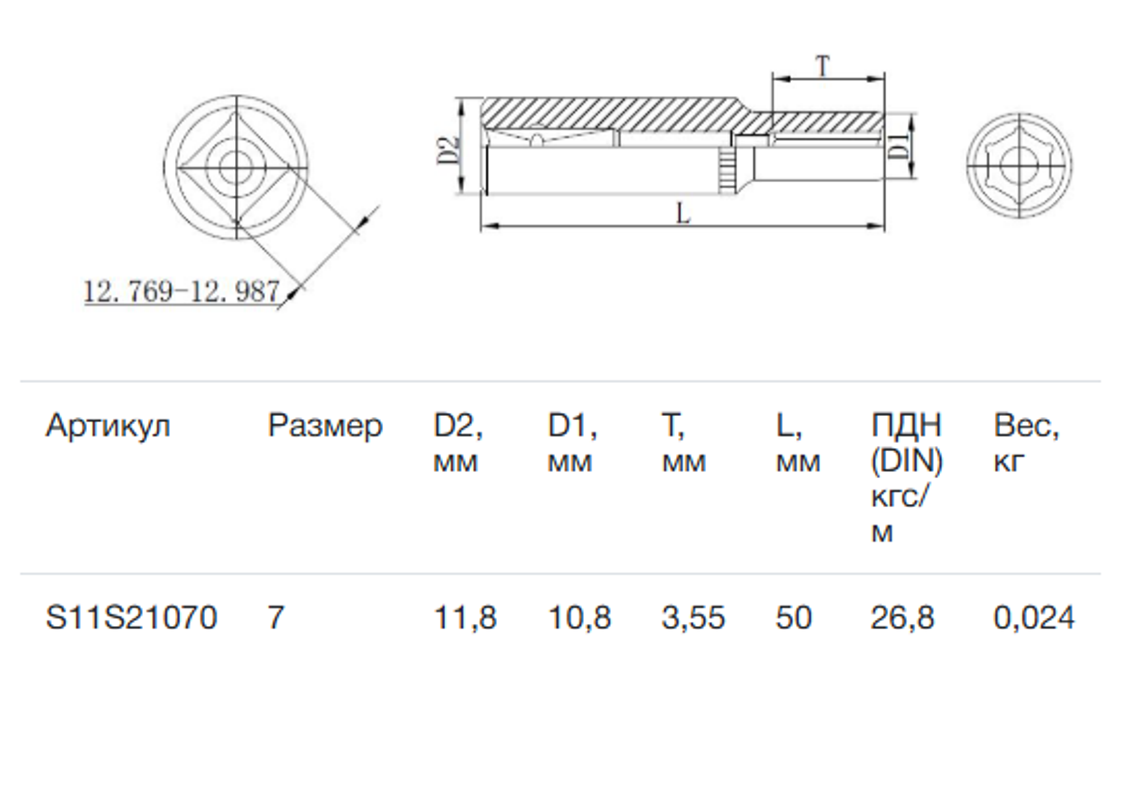 Изображение товара Торцевая головка удлиненная Thorvik S11S21070 7 мм 1/4 дюйма