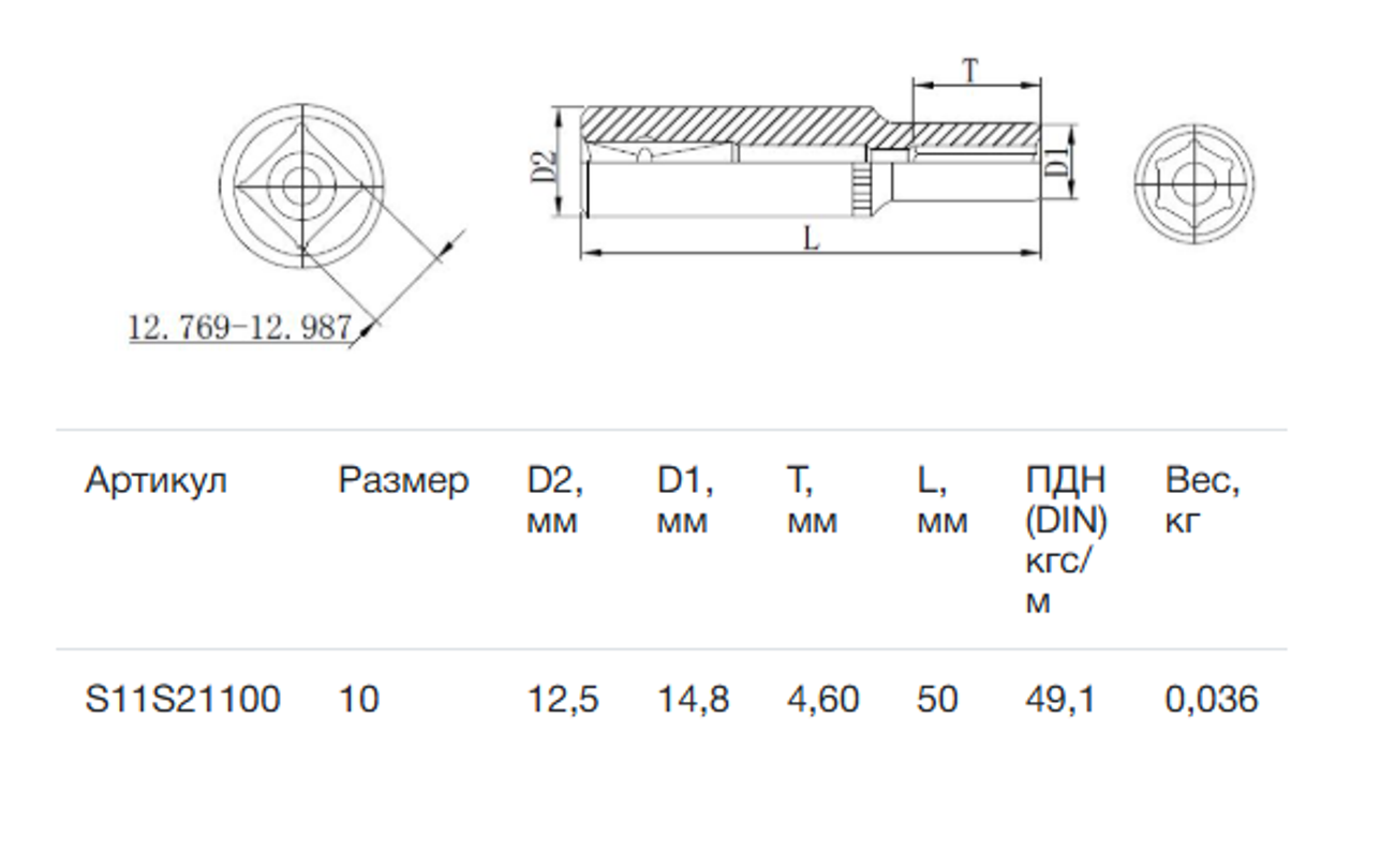 Изображение товара Торцевая головка удлиненная шестигранная Thorvik S11S21100 1/4 дюйма 10 мм