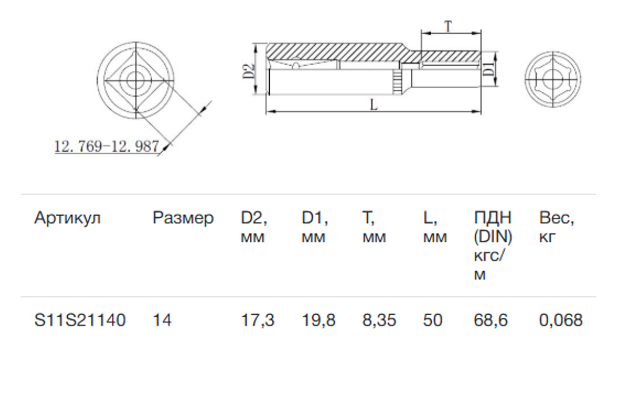 Изображение товара Торцевая головка шестигранная удлиненная 14 мм 1/4 дюйма Thorvik S11S21140
