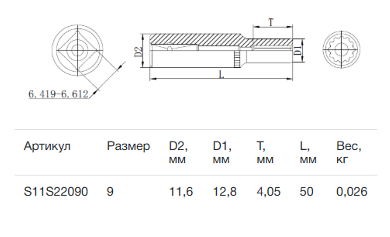 Изображение товара Торцевая головка Thorvik S11S22090 1/4 дюйма 9 мм удлиненная двенадцатигранная