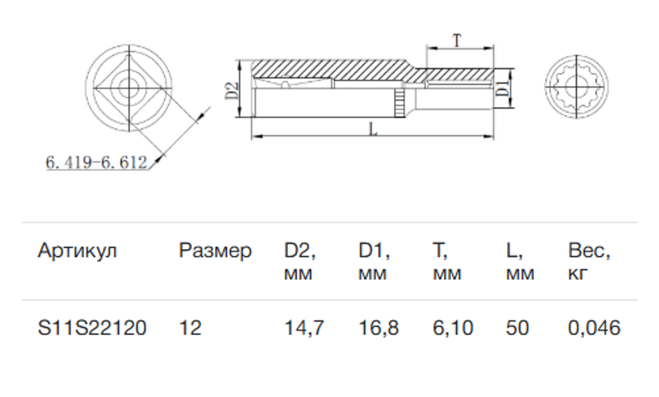 Изображение товара Торцевая удлиненная двенадцатигранная головка Thorvik 12 мм 1/4 дюйма