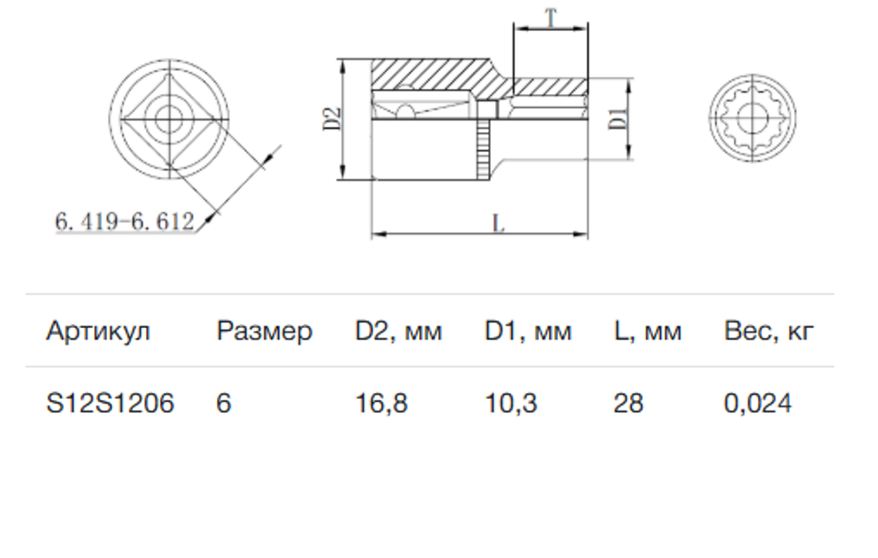 Изображение товара Торцевая головка двенадцатигранная Thorvik S12S1206 3/8 дюйма 6 мм