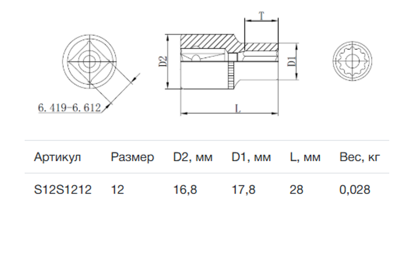 Изображение товара Торцевая головка двенадцатигранная Thorvik S12S1212 3/8 дюйма 12 мм