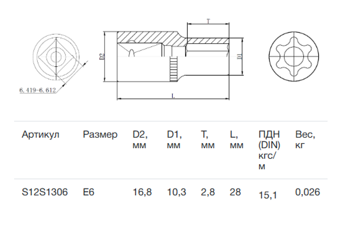 Изображение товара Торцевая головка Thorvik S12S1306 3/8 дюйма Torx E для монтажа и ремонта