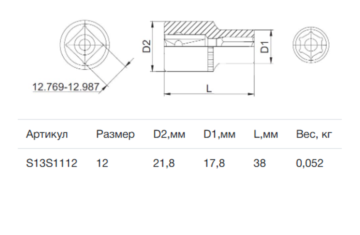 Изображение товара Торцевая головка Thorvik S13S1112 1/2 дюйма 12 мм для профессионального использования