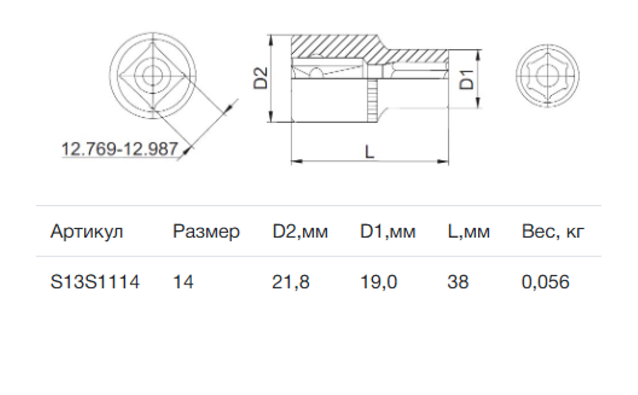 Изображение товара Торцевая головка шестигранная Thorvik S13S1114 1/2 дюйма 14 мм