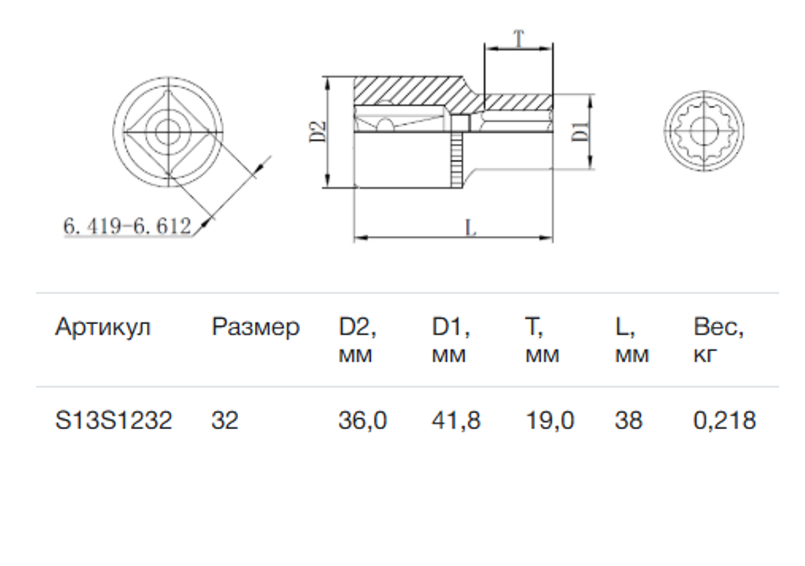 Изображение товара Торцевая головка двенадцатигранная Thorvik S13S1232 1/2 дюйма 32 мм