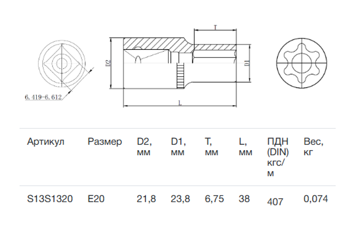 Изображение товара Торцевая головка Torx (e-профиль) Thorvik S13S1320 1/2 дюйма