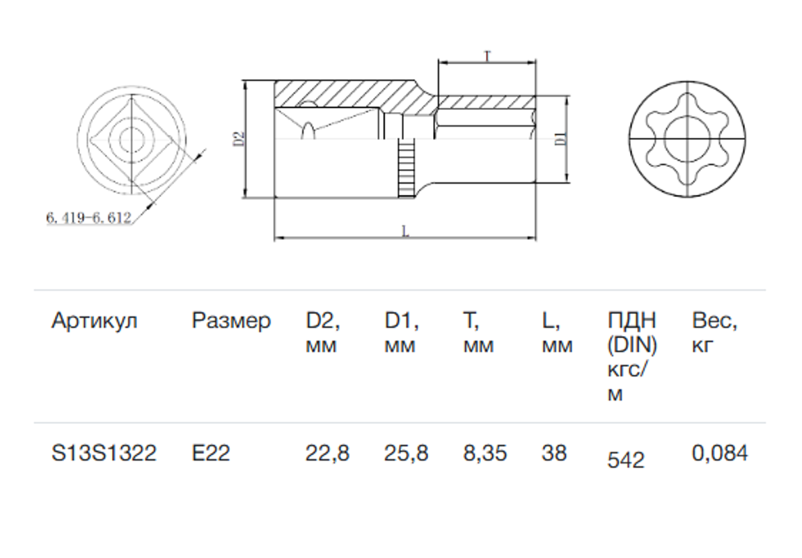 Изображение товара Торцевая головка Torx (e-профиль) Thorvik S13S1322 1/2 дюйма Е22