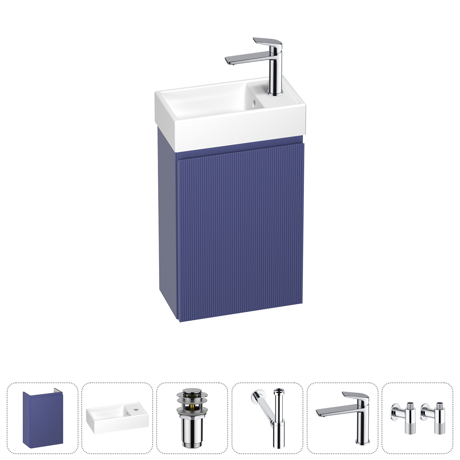 Изображение товара Тумба с раковиной подвесная Wellsee WC Area 20216885R с донным клапаном, сифоном, смесителем и вентилями цвет синий
