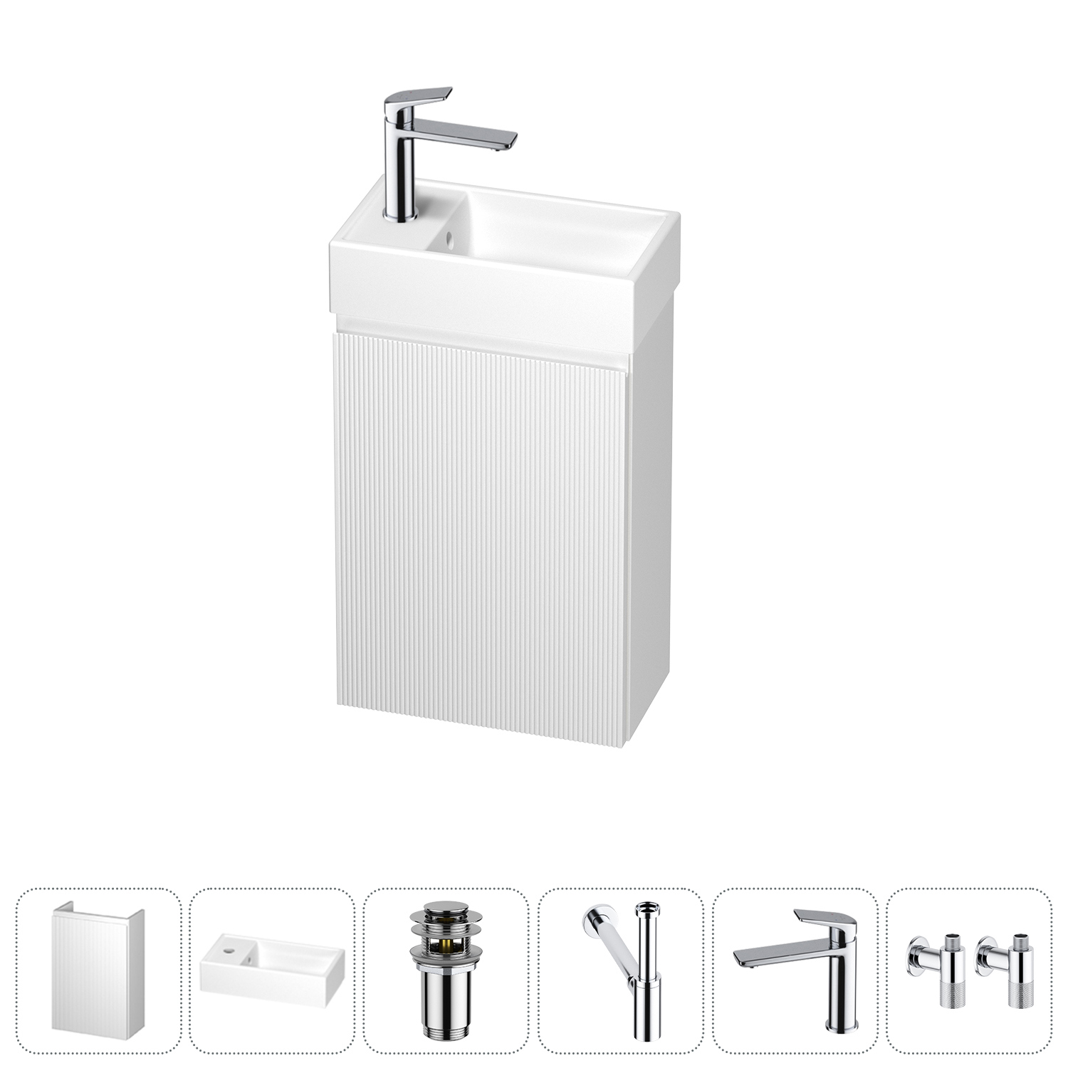 Изображение товара Тумба с раковиной подвесная Wellsee WC Area 20216890R с донным клапаном, сифоном, смесителем и вентилями цвет белый