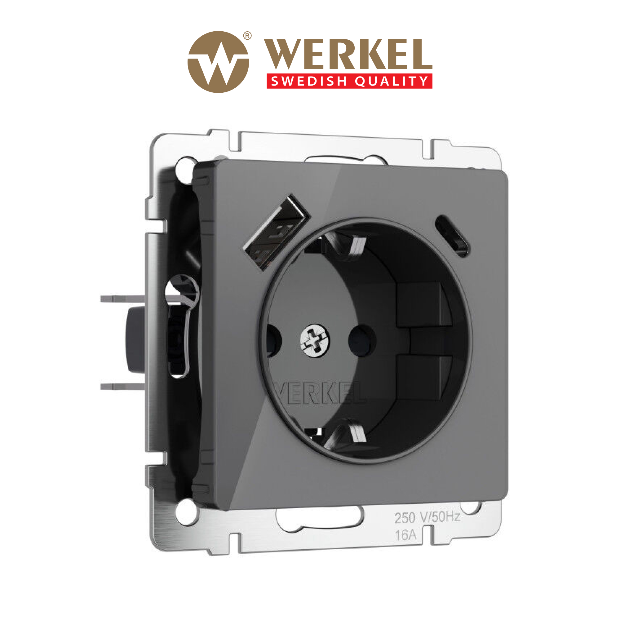 Изображение товара Werkel W1171744 Розетка USB встраиваемая графит с заземлением и шторками 16A 12V
