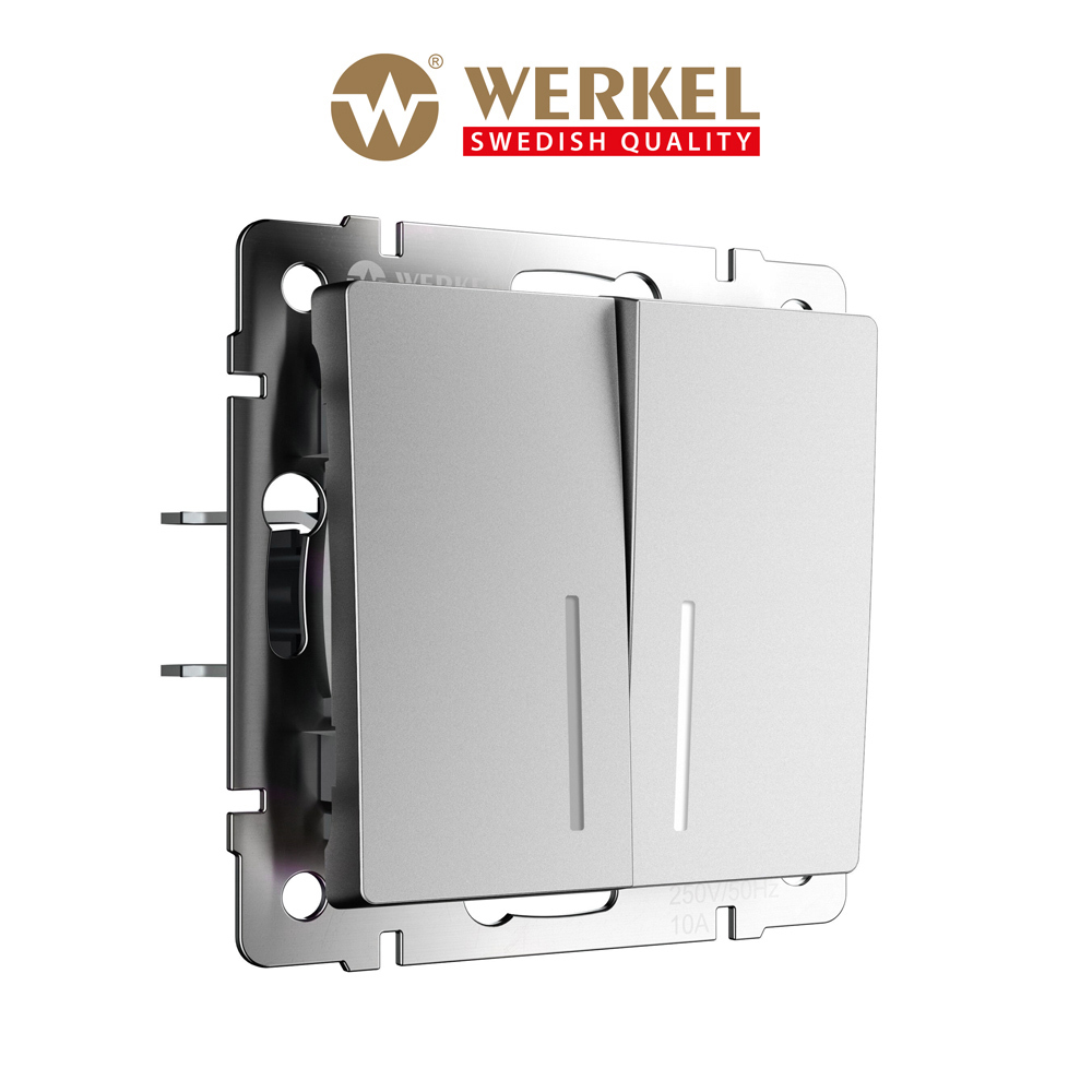 Изображение товара Выключатель проходной встраиваемый Werkel a063616 2 клавиши с подсветкой серебряный матовый