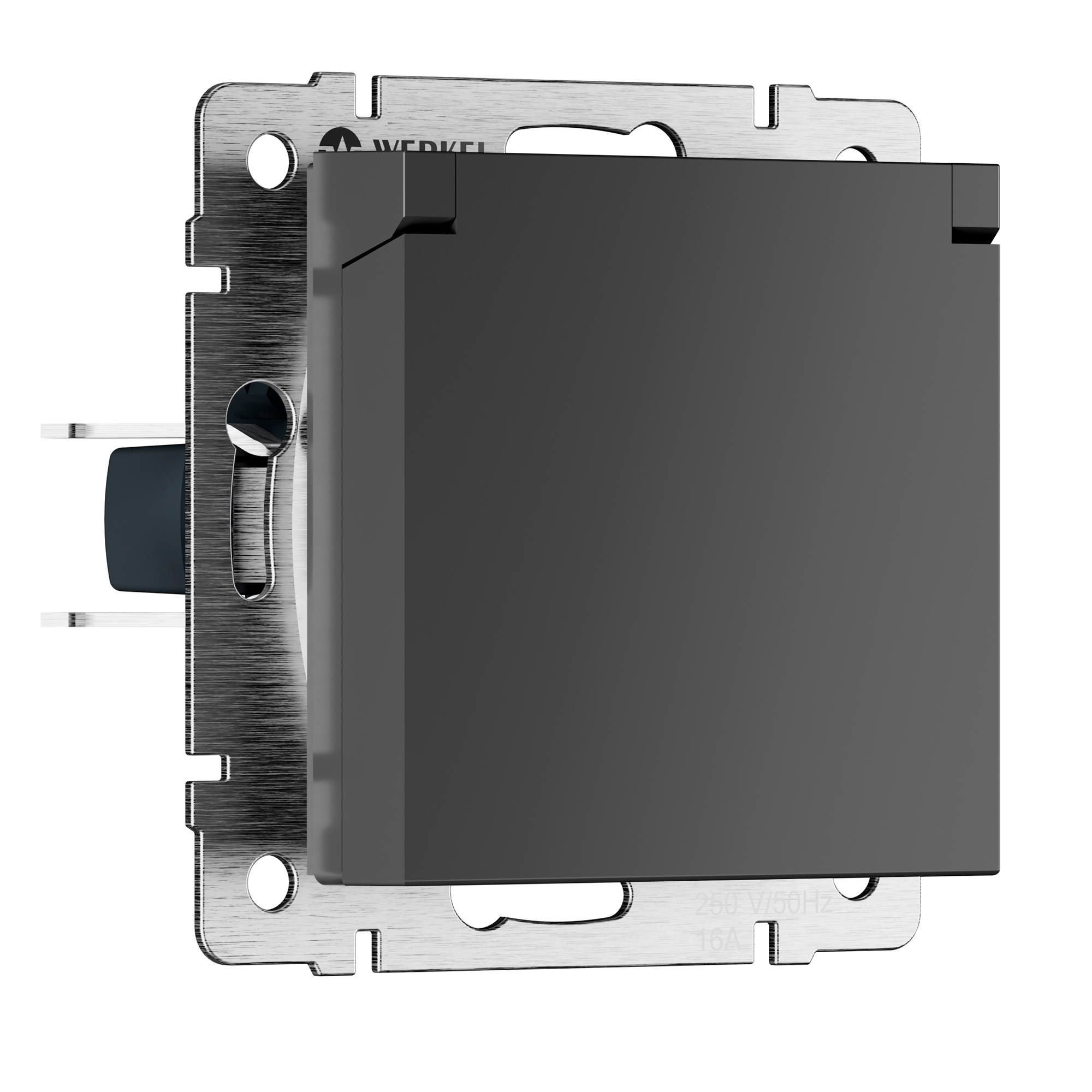 Изображение товара Розетка встраиваемая Werkel Встраиваемые механизмы a069592 с заземлением шторками и крышкой цвет графит матовый