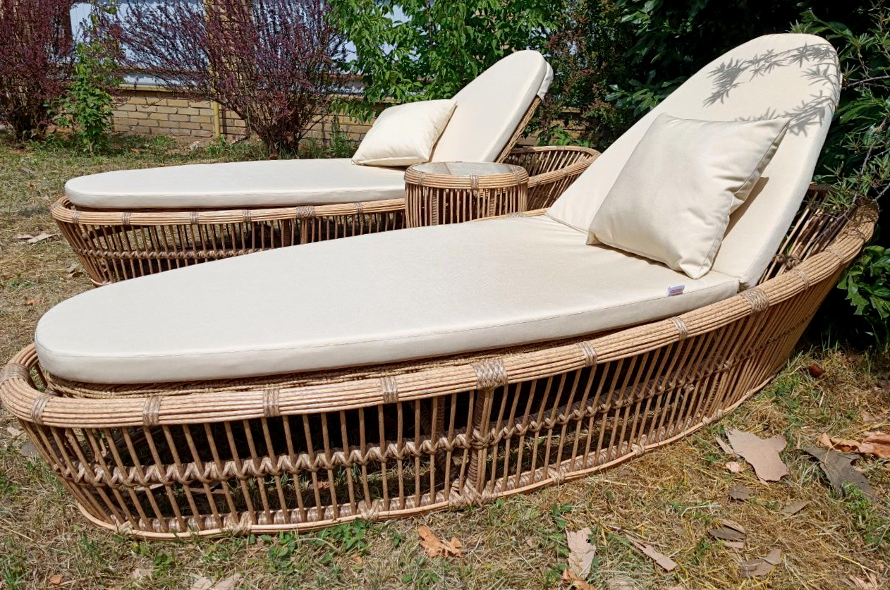 Изображение товара Шезлонг Sunset Лучиано sm-7016 230x90x35 см искусственный ротанг бежевый 2 шт, столик