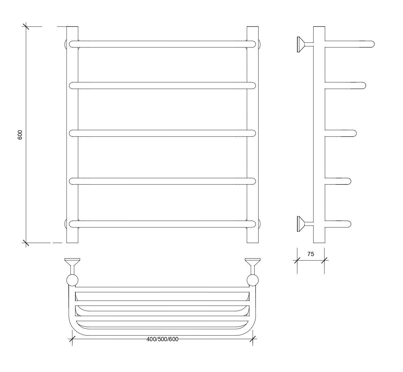 Изображение товара Полотенцесушитель водяной лесенка Secado Мерида 2 сп 600x500 мм универсальная подводка нержавеющая сталь цвет черный