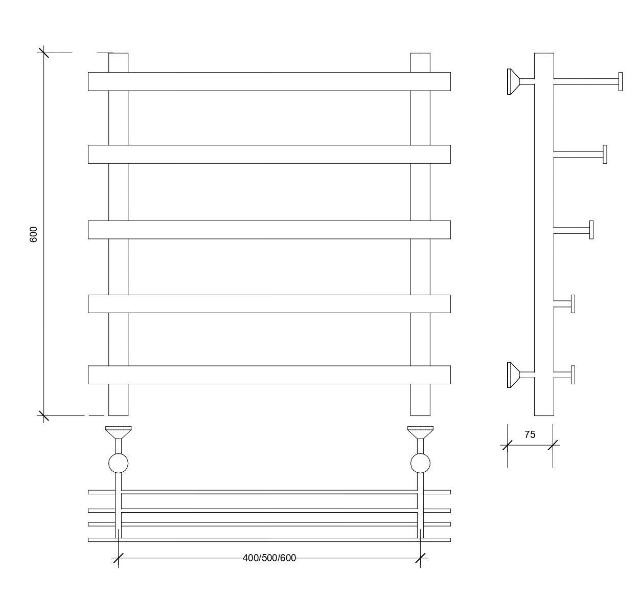Изображение товара Полотенцесушитель водяной лесенка Secado Понтида 7 сп 600x600 мм универсальная подводка нержавеющая сталь цвет черный