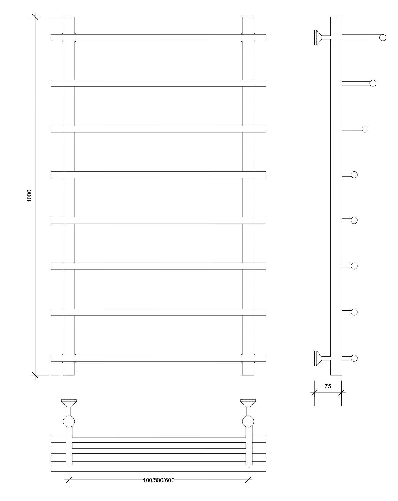 Изображение товара Полотенцесушитель водяной лесенка Secado Турин 6 1000x500 мм универсальная подводка нержавеющая сталь цвет черный