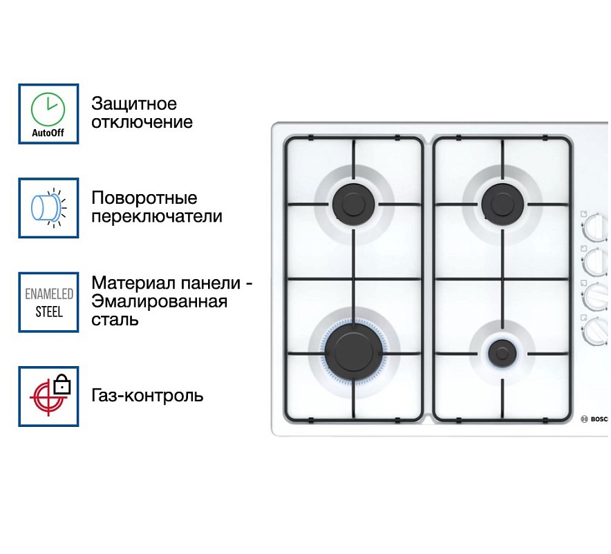 Изображение товара Газовая варочная панель Bosch 58 см 4 конфорки цвет белый