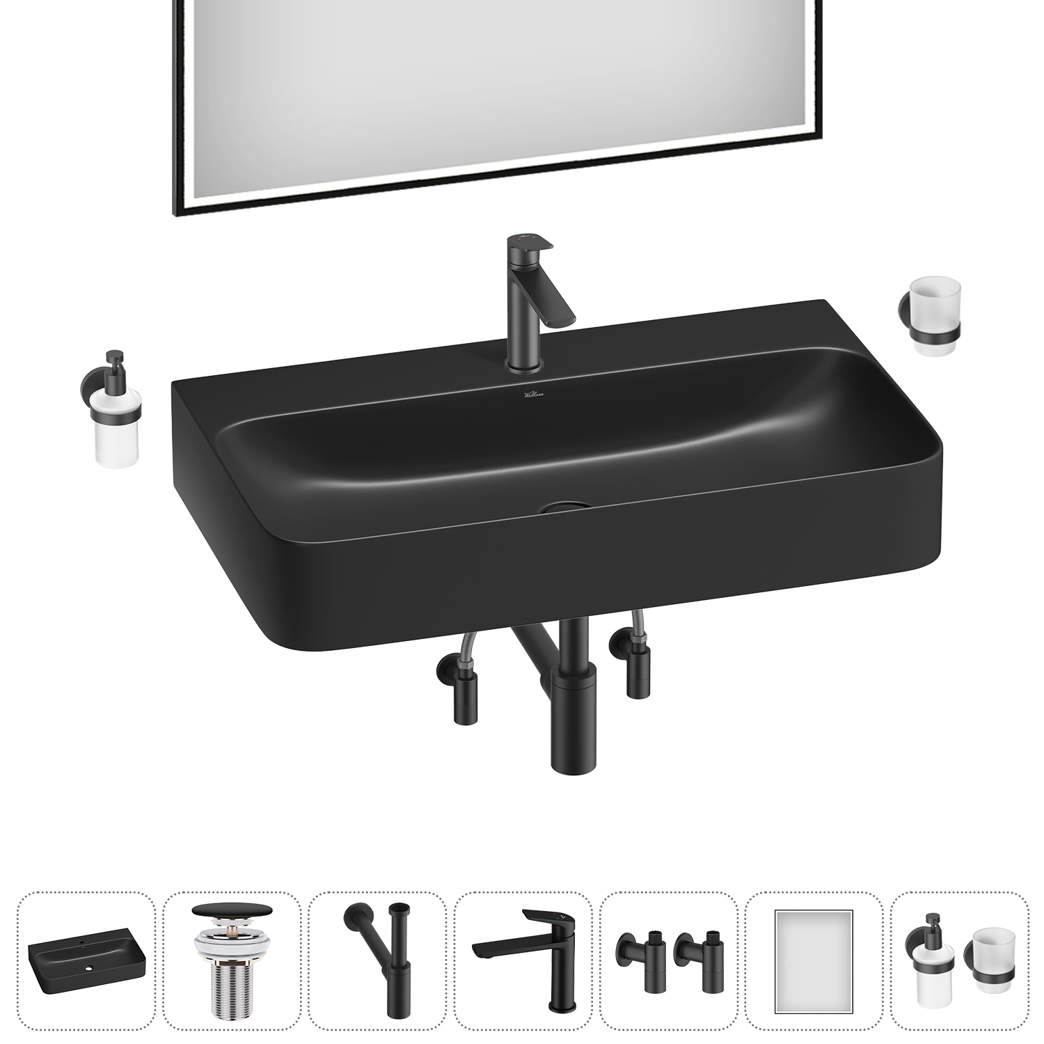 Изображение товара Раковина накладная Wellsee Clermont 80 см черная с комплектом аксессуаров