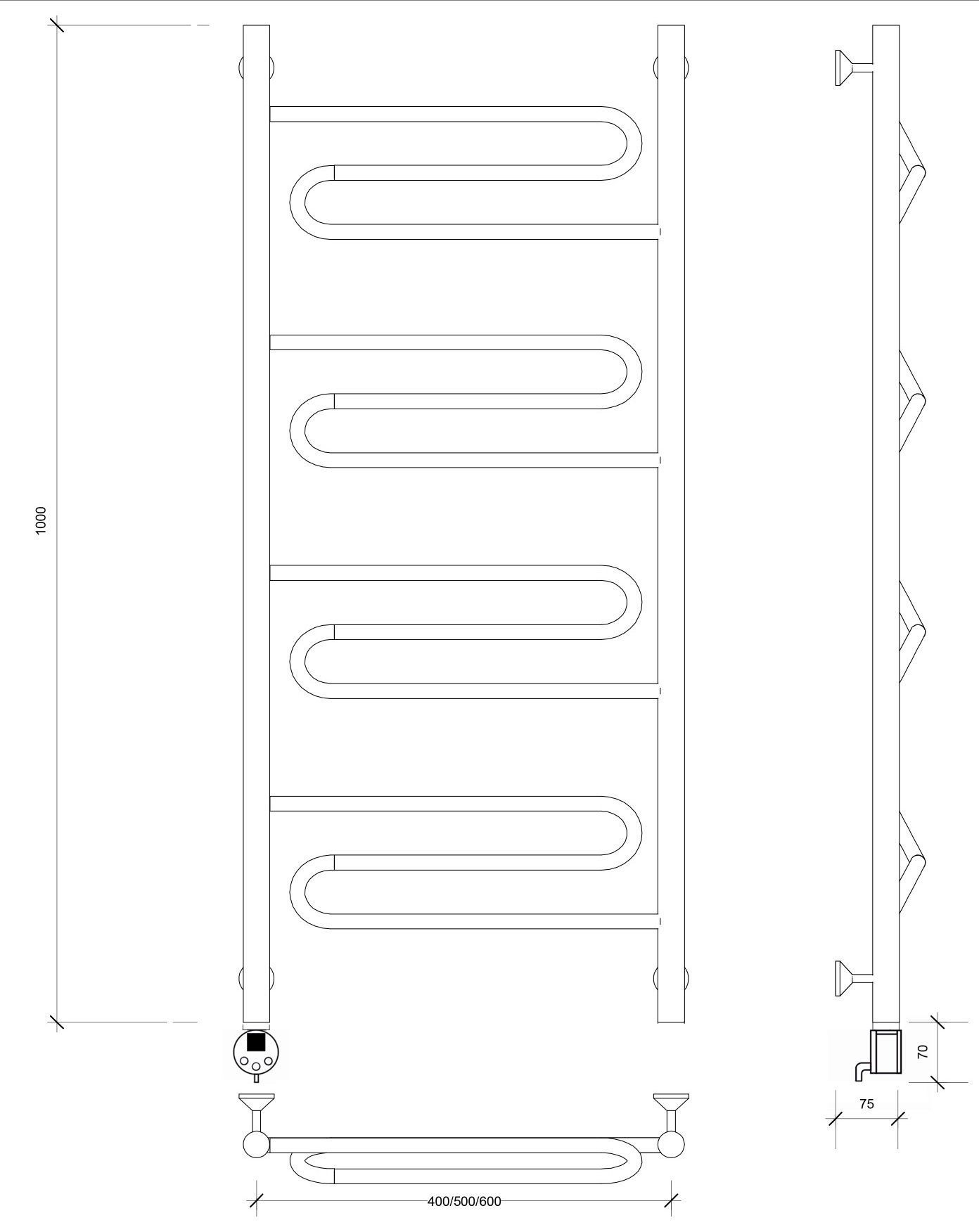Изображение товара Полотенцесушитель электрический Secado Валенсия 1 500x1000 мм 300 Вт с терморегулятором лесенка цвет черный L