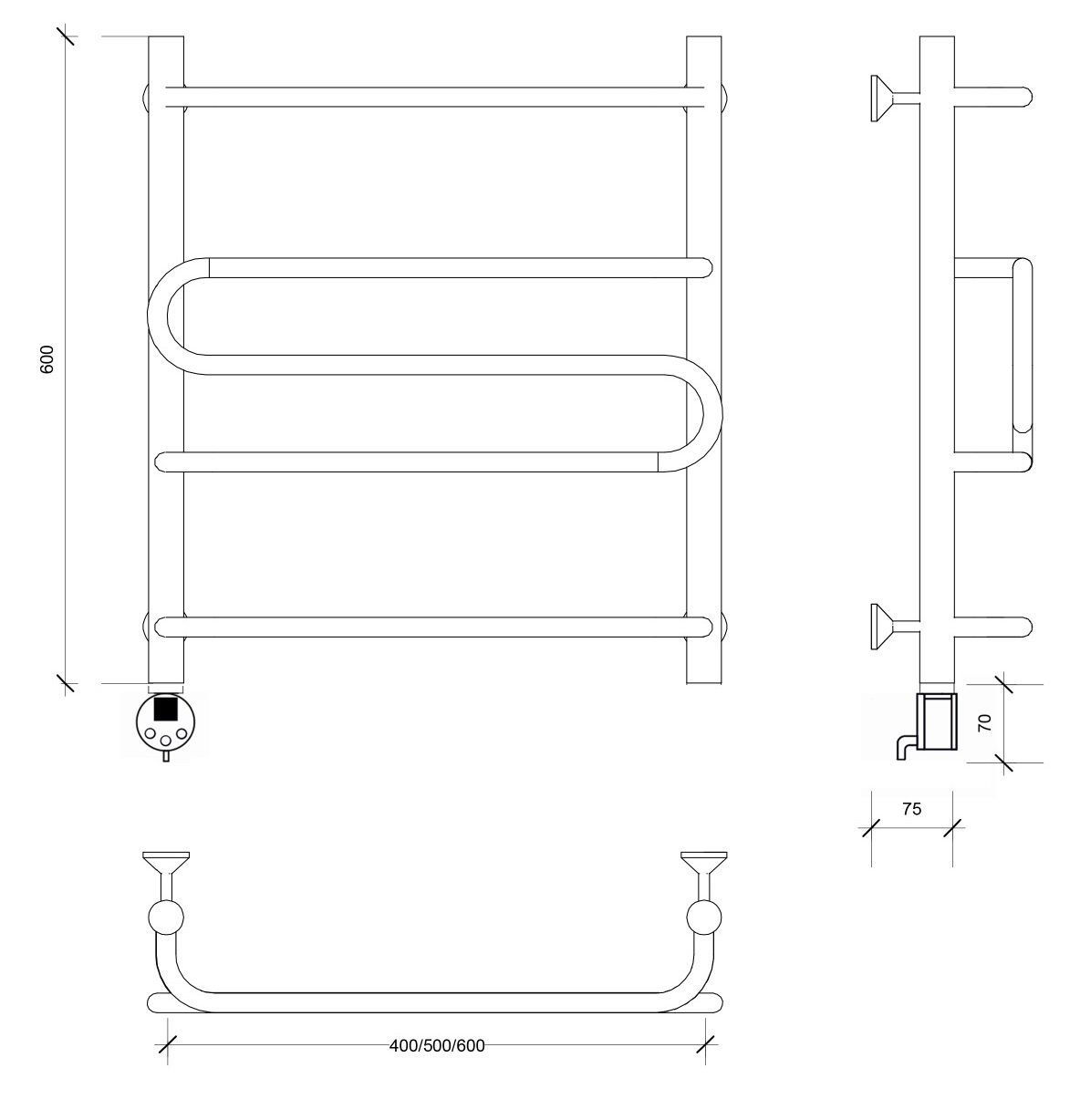 Изображение товара Полотенцесушитель электрический Secado Валенсия 2 500x600 мм 300 Вт с терморегулятором лесенка цвет черный L