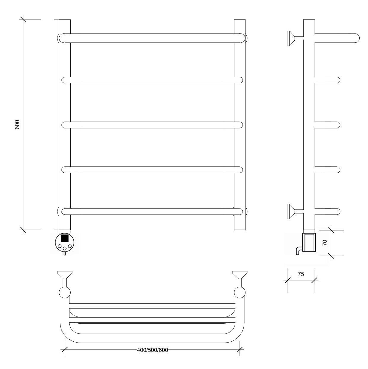 Изображение товара Полотенцесушитель электрический Secado Мерида 1 СП 500x600 мм 300 Вт с терморегулятором и полкой лесенка цвет черный L