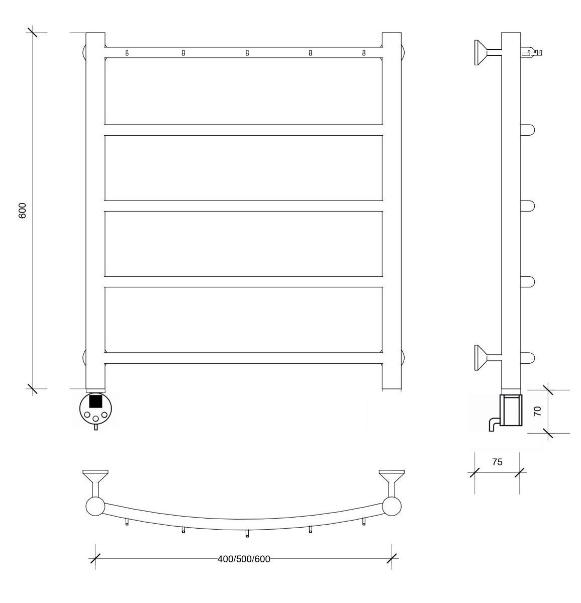 Изображение товара Полотенцесушитель электрический Secado Милан 1 К 500x600 мм 300 Вт с терморегулятором лесенка цвет черный L