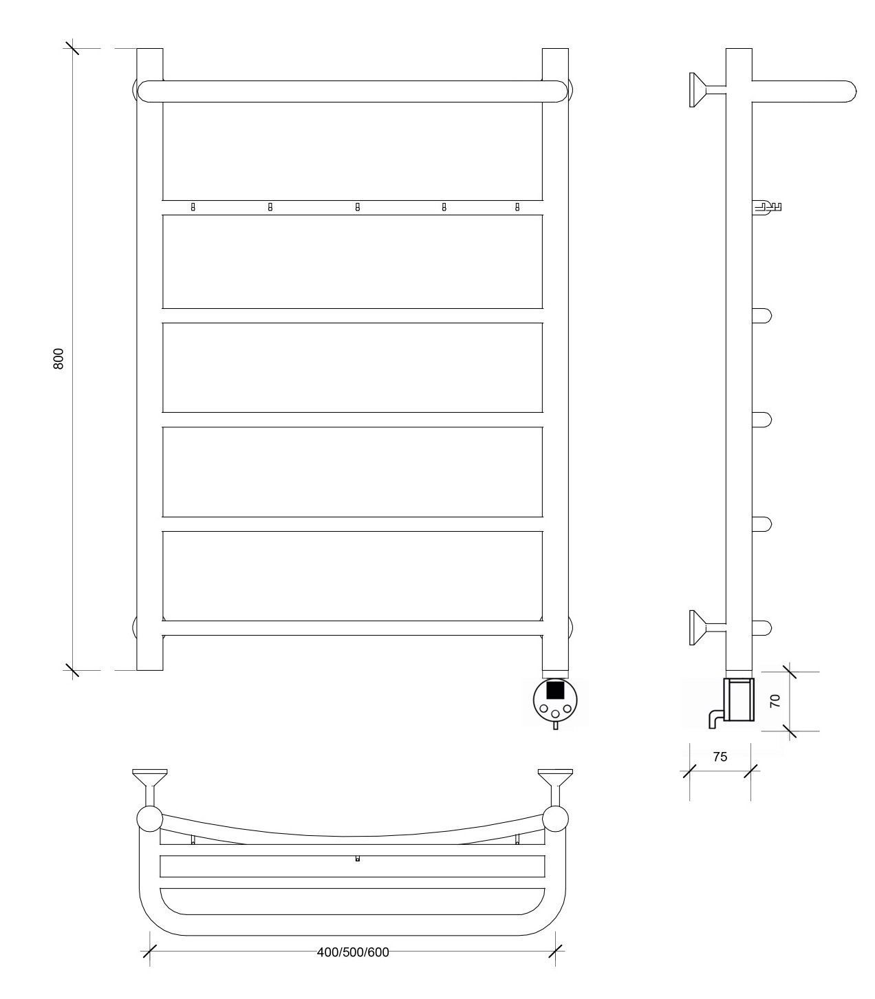 Изображение товара Полотенцесушитель электрический Secado Милан 1 КСП 500x800 мм 300 Вт с терморегулятором и полкой лесенка цвет черный R