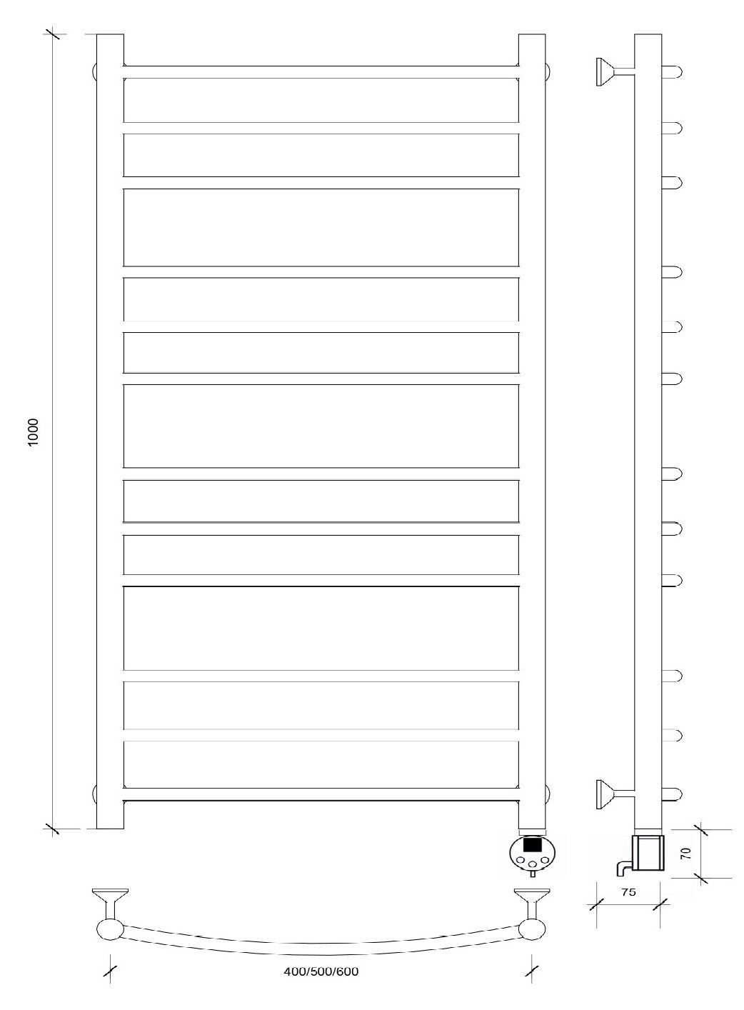 Изображение товара Полотенцесушитель электрический Secado Милан 3 500x1000 мм 300 Вт с терморегулятором лесенка цвет черный R