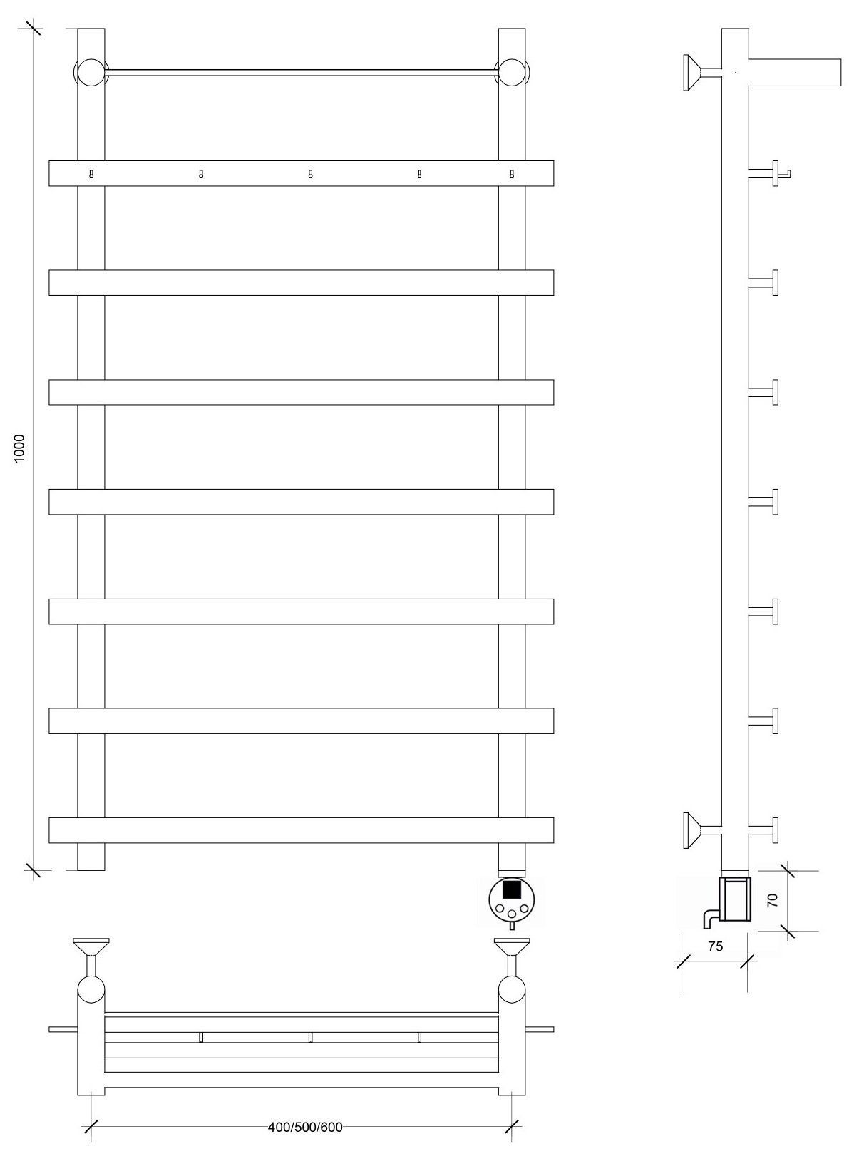 Изображение товара Полотенцесушитель электрический Secado Понтида 1 КСП 600x1000 мм 300 Вт с терморегулятором и полкой лесенка цвет черный R