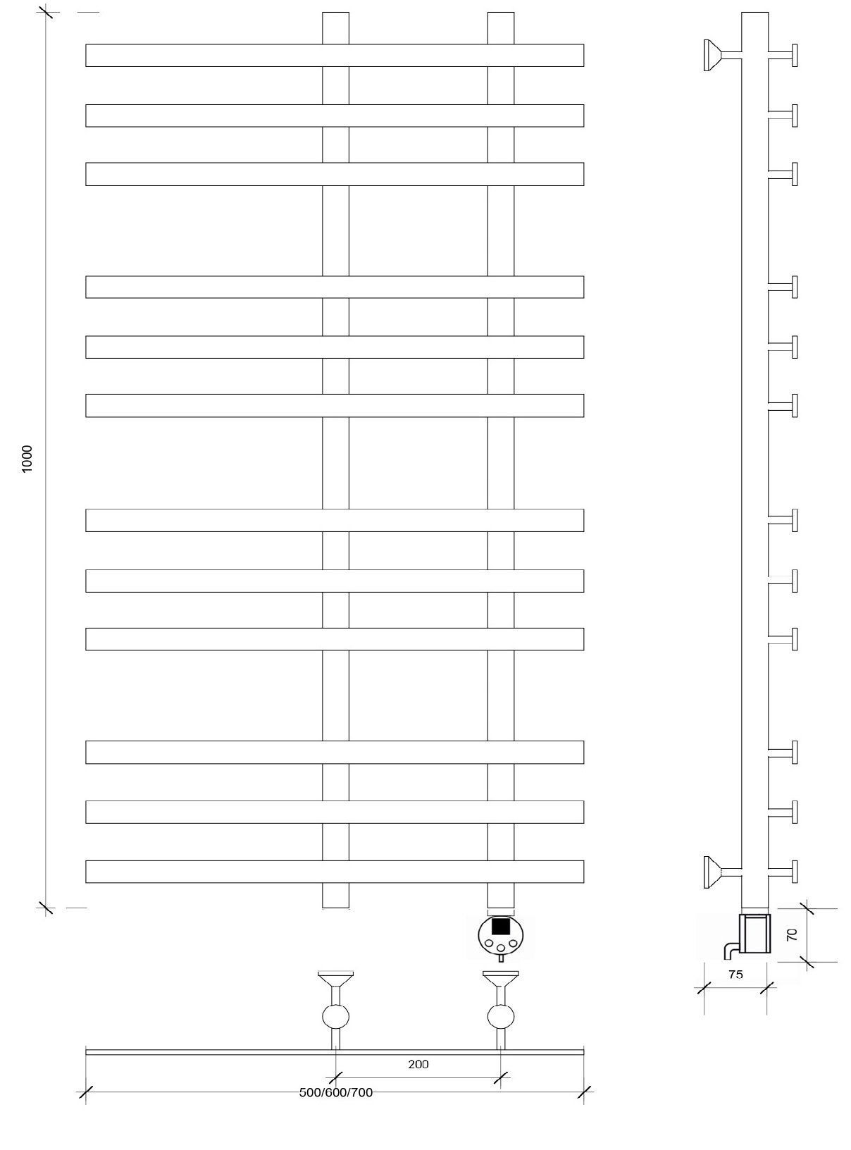 Изображение товара Полотенцесушитель электрический Secado Понтида 3 500x1000 мм 300 Вт с терморегулятором лесенка цвет черный R