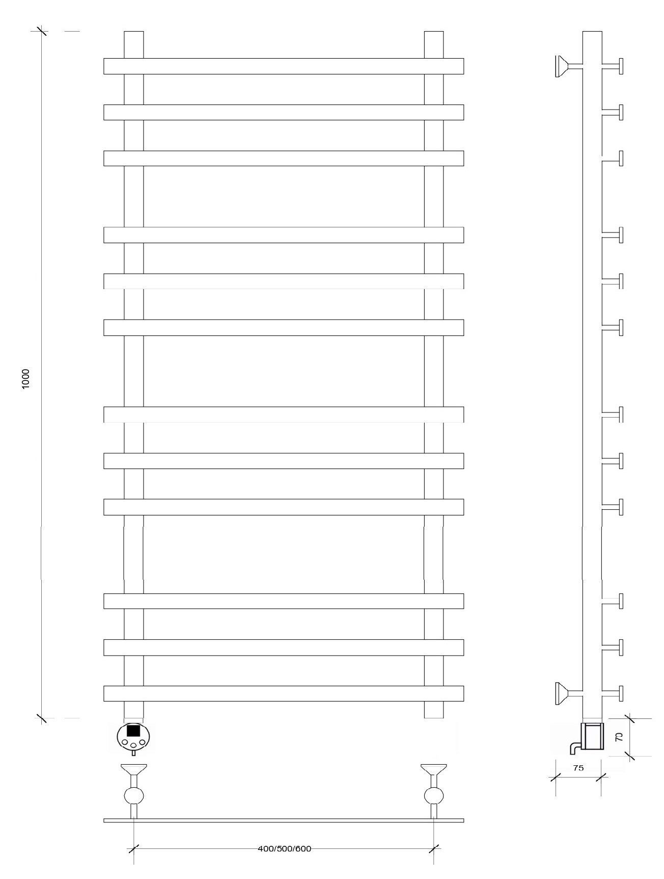 Изображение товара Полотенцесушитель электрический Secado Понтида плюс 600x1000 мм 300 Вт с терморегулятором лесенка цвет черный L