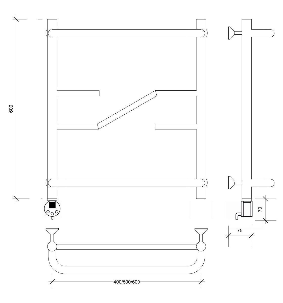 Изображение товара Полотенцесушитель электрический Secado Риволи СП 500x600 мм 300 Вт с терморегулятором и полкой лесенка цвет черный L