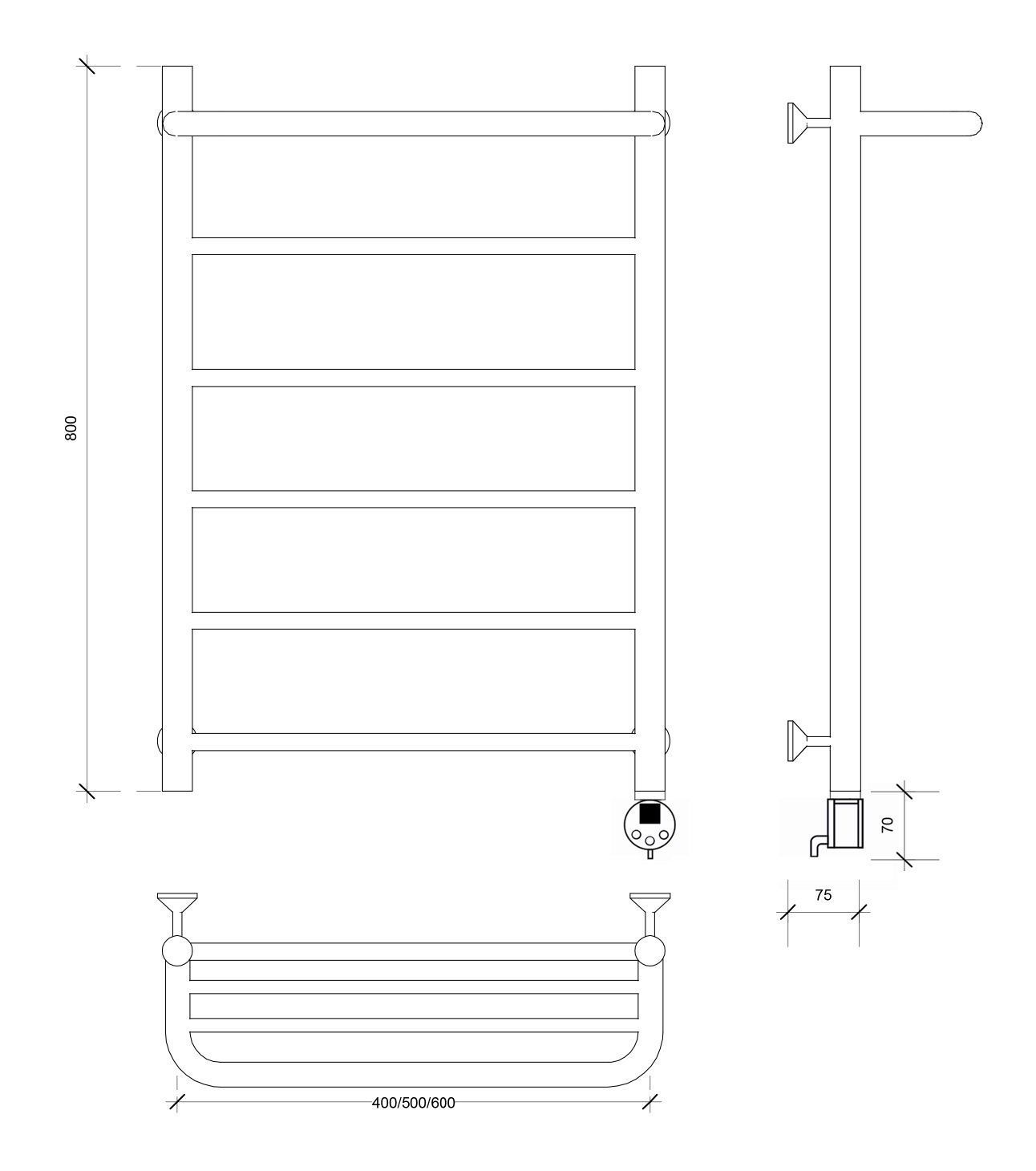 Изображение товара Полотенцесушитель электрический Secado Триада 1 СП 500x800 мм 300 Вт с терморегулятором и полкой лесенка цвет черный R