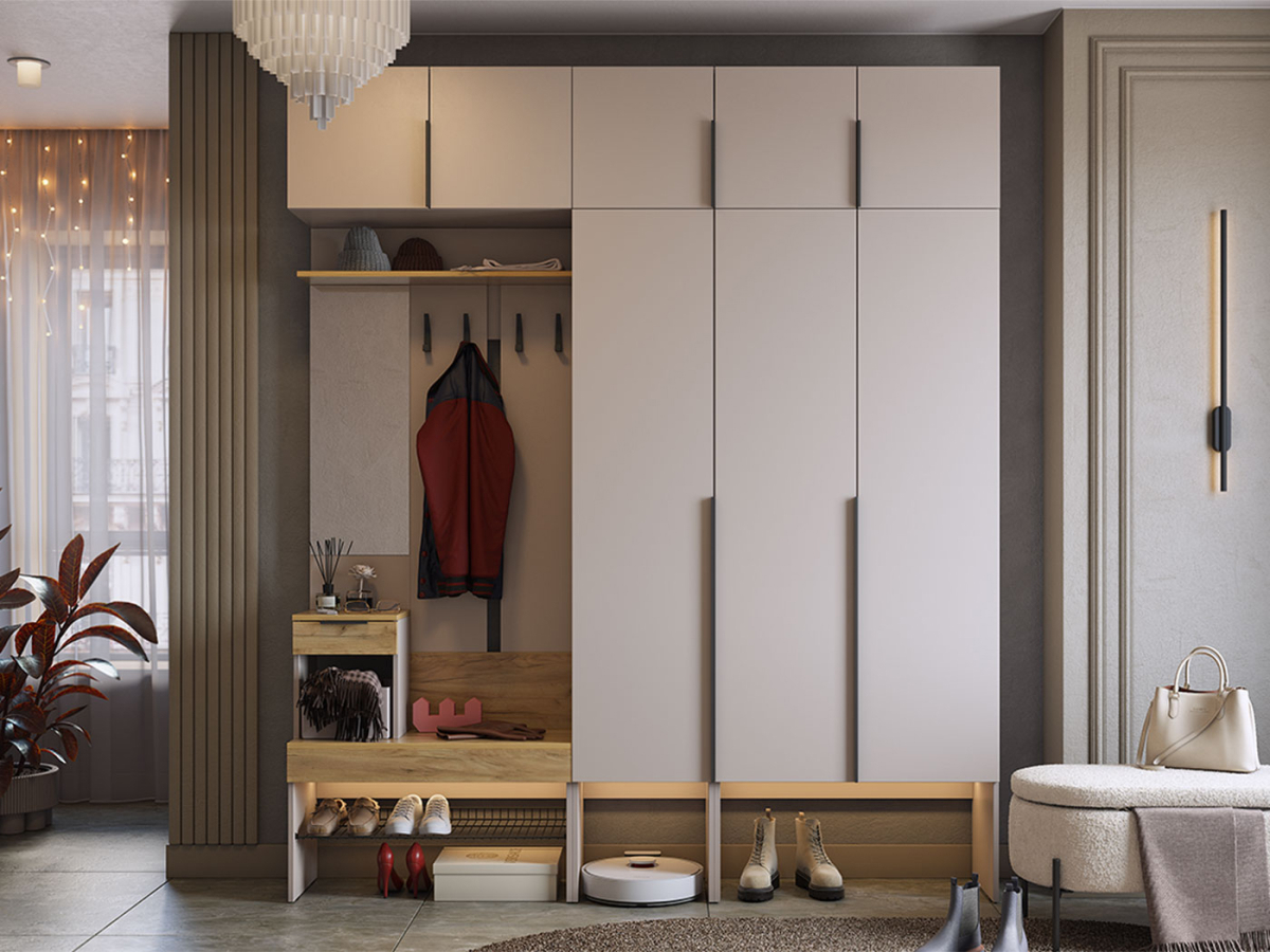 Изображение товара Комплект мебели для прихожей Mebelson Баско комби 200.2 бежевый из ЛДСП с зеркалом