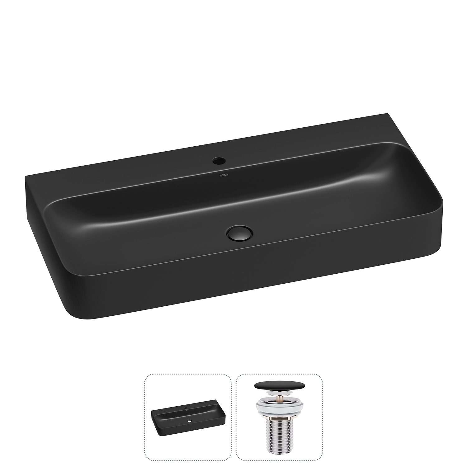 Изображение товара Раковина накладная Wellsee Clermont 100 см с донным клапаном матовый черный