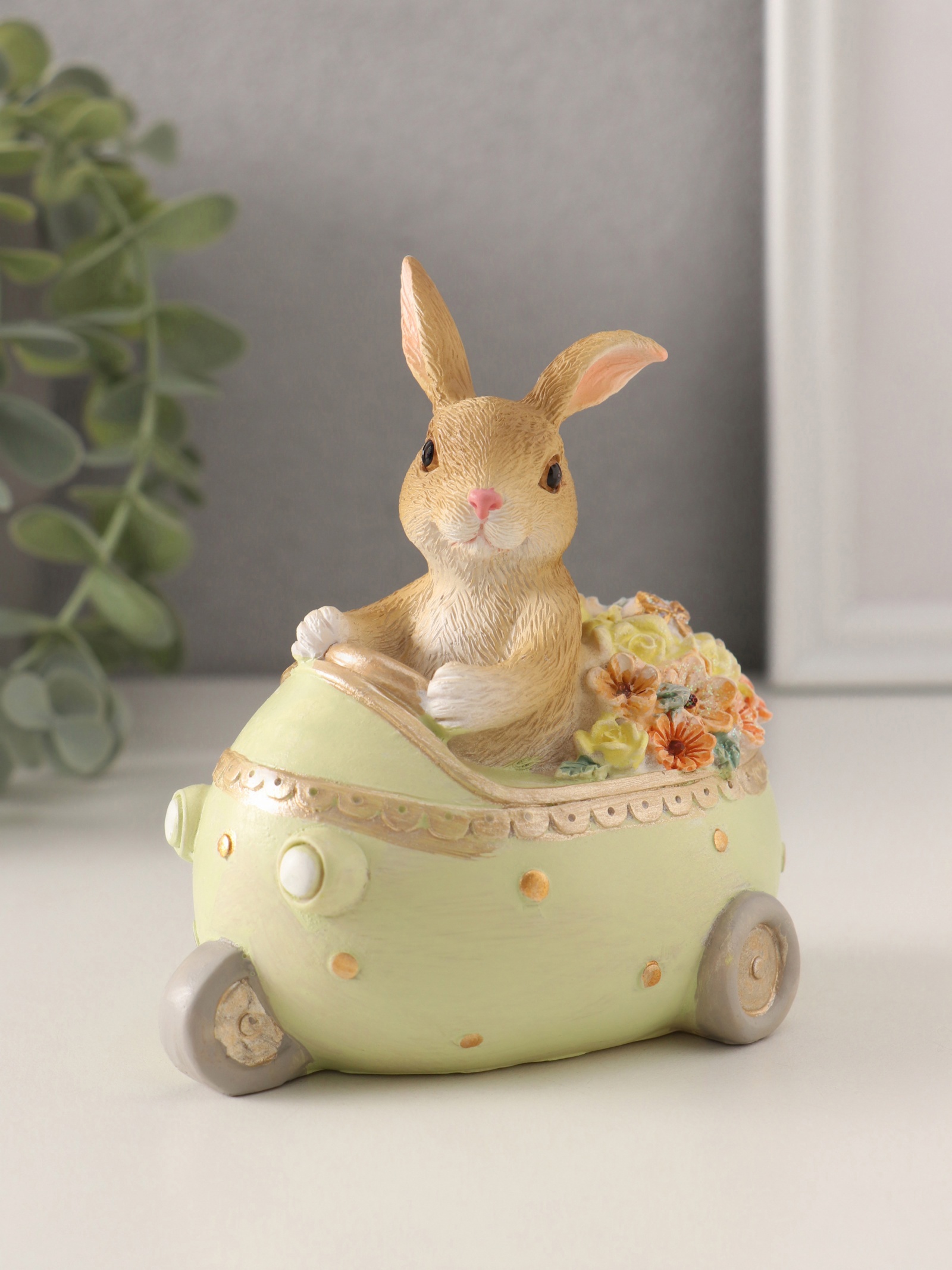 Изображение товара Сувенир полистоун Зайчик на трёхколёсной машинке с цветами 10х65х115 см 10583283