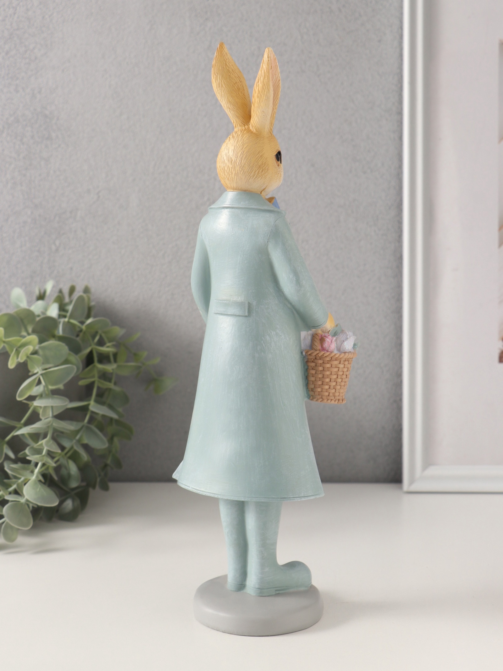 Изображение товара Сувенир полистоун Заяц с корзинкой цветов в зелёном плаще и сапогах 9х8х30 см 10740326