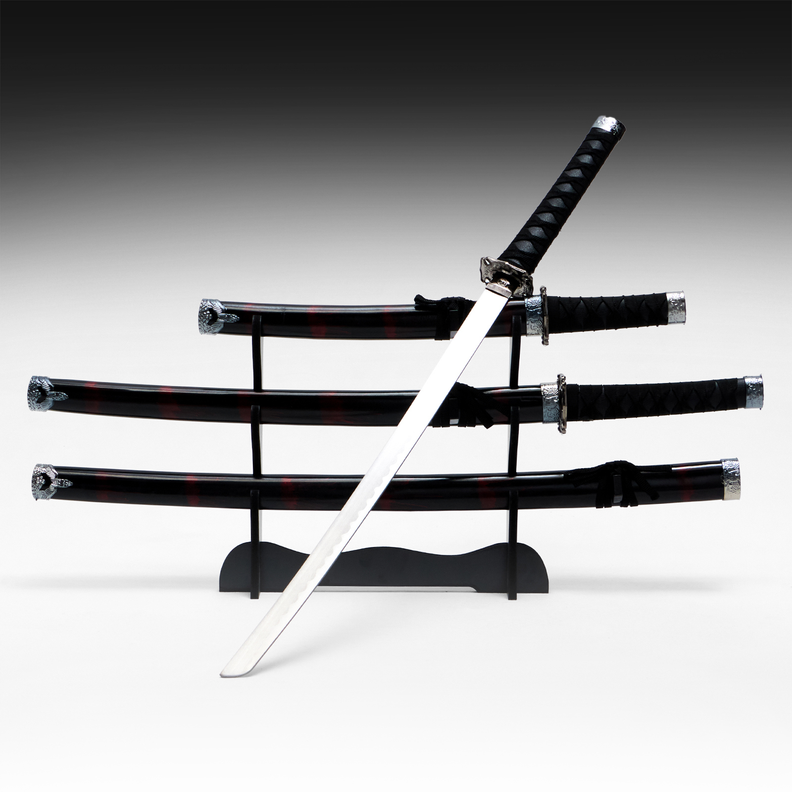 Изображение товара Сув. изделие катаны 3в1 на подставке ножны дерево черные с дымкой бордо глянец 51/77/100см 740306