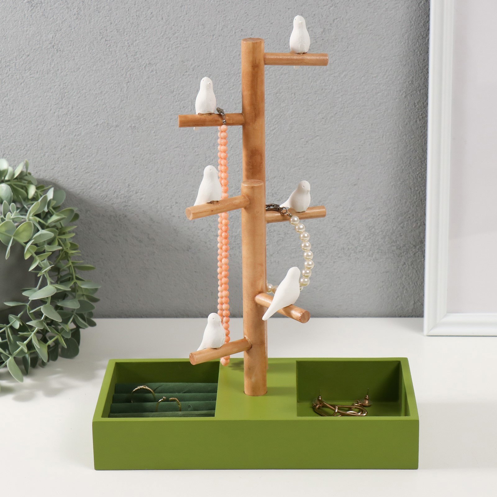 Изображение товара Сувенир дерево подставка для украшений Птички на дереве зелёный 24х12х32 см 9717083