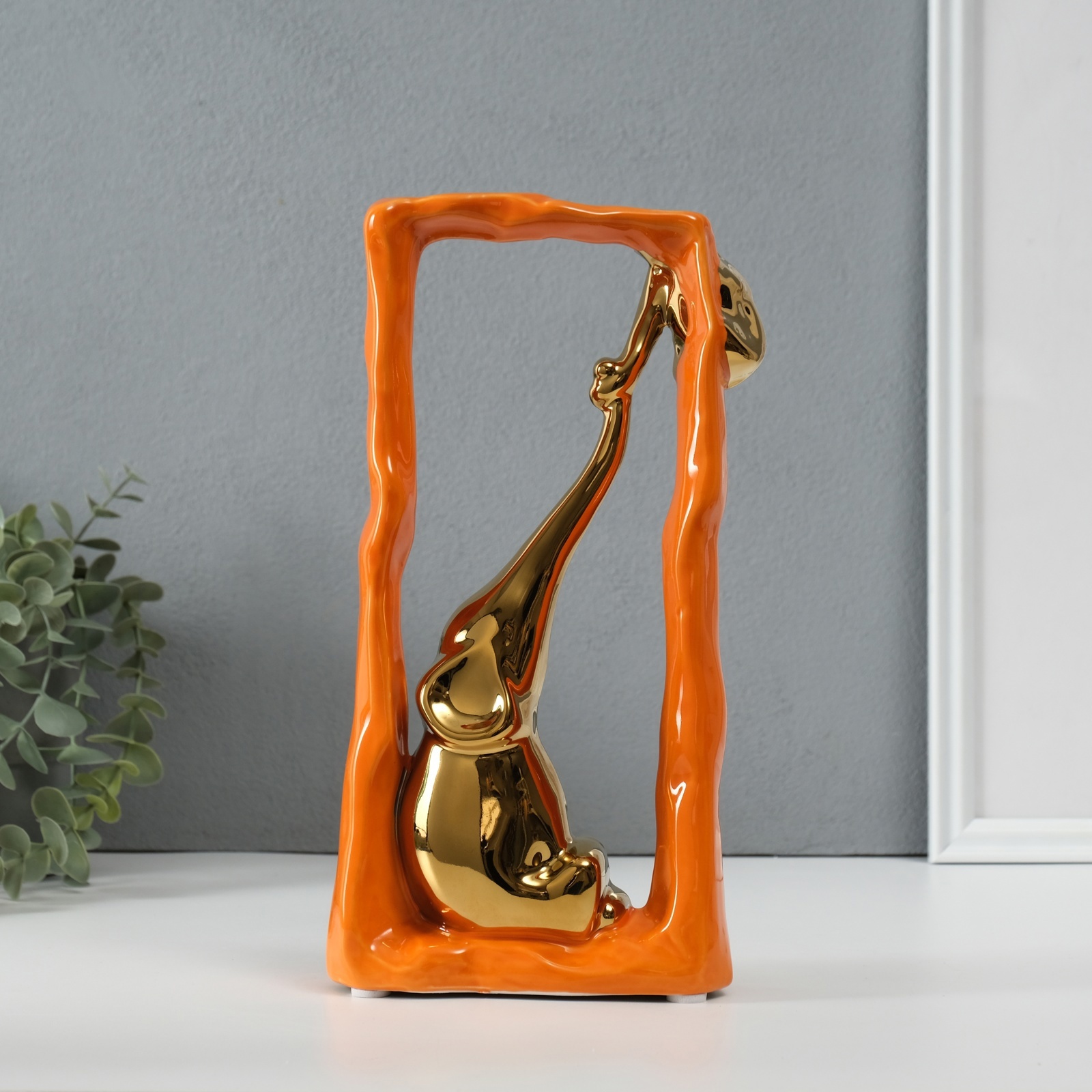 Изображение товара Сувенир керамика Слон со слонёнком - опора. Прямоугольник оранж с золотом 55х135х26 см 1032365