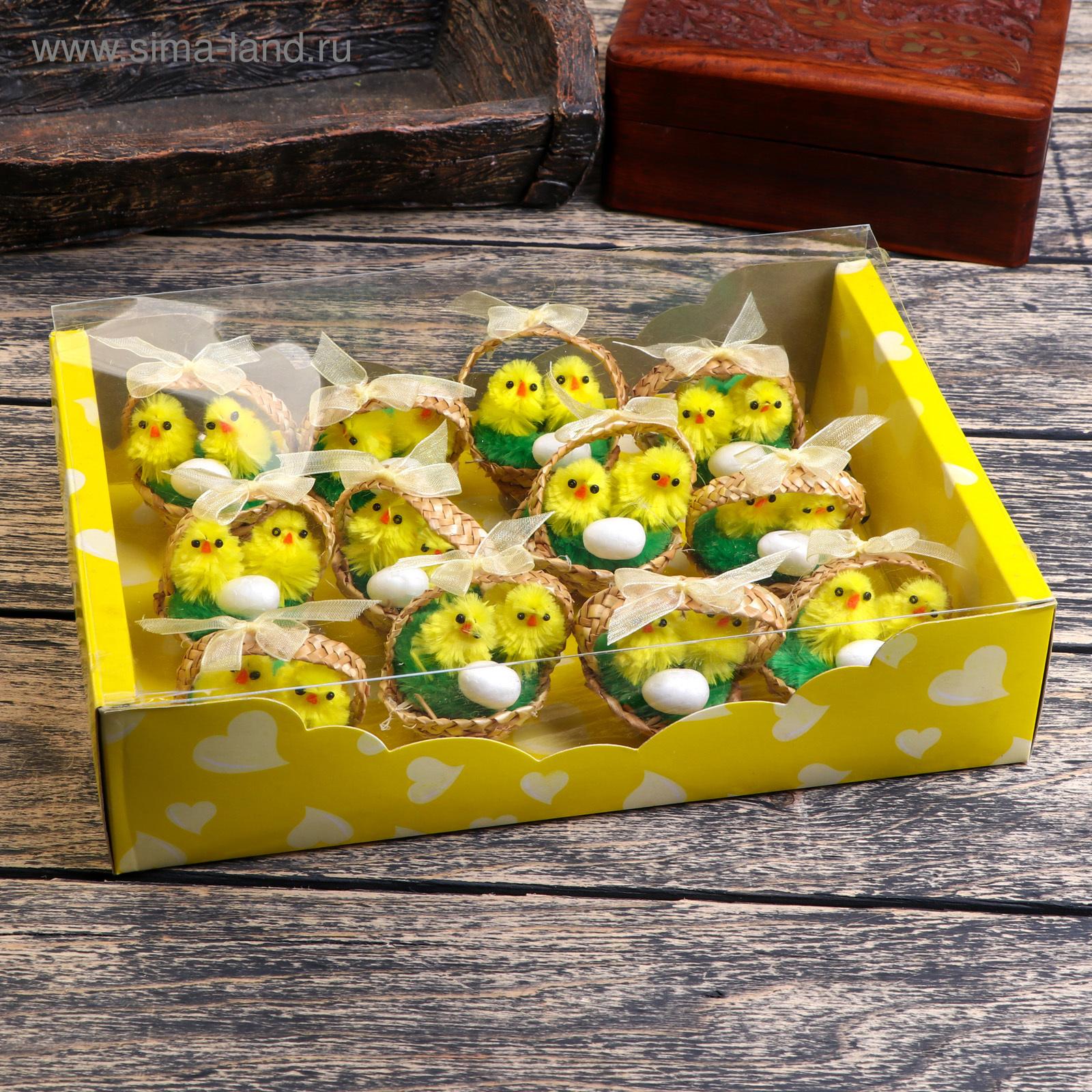 Изображение товара Цыплята в корзинке с яичком — набор 12 шт, 5×5×5 см