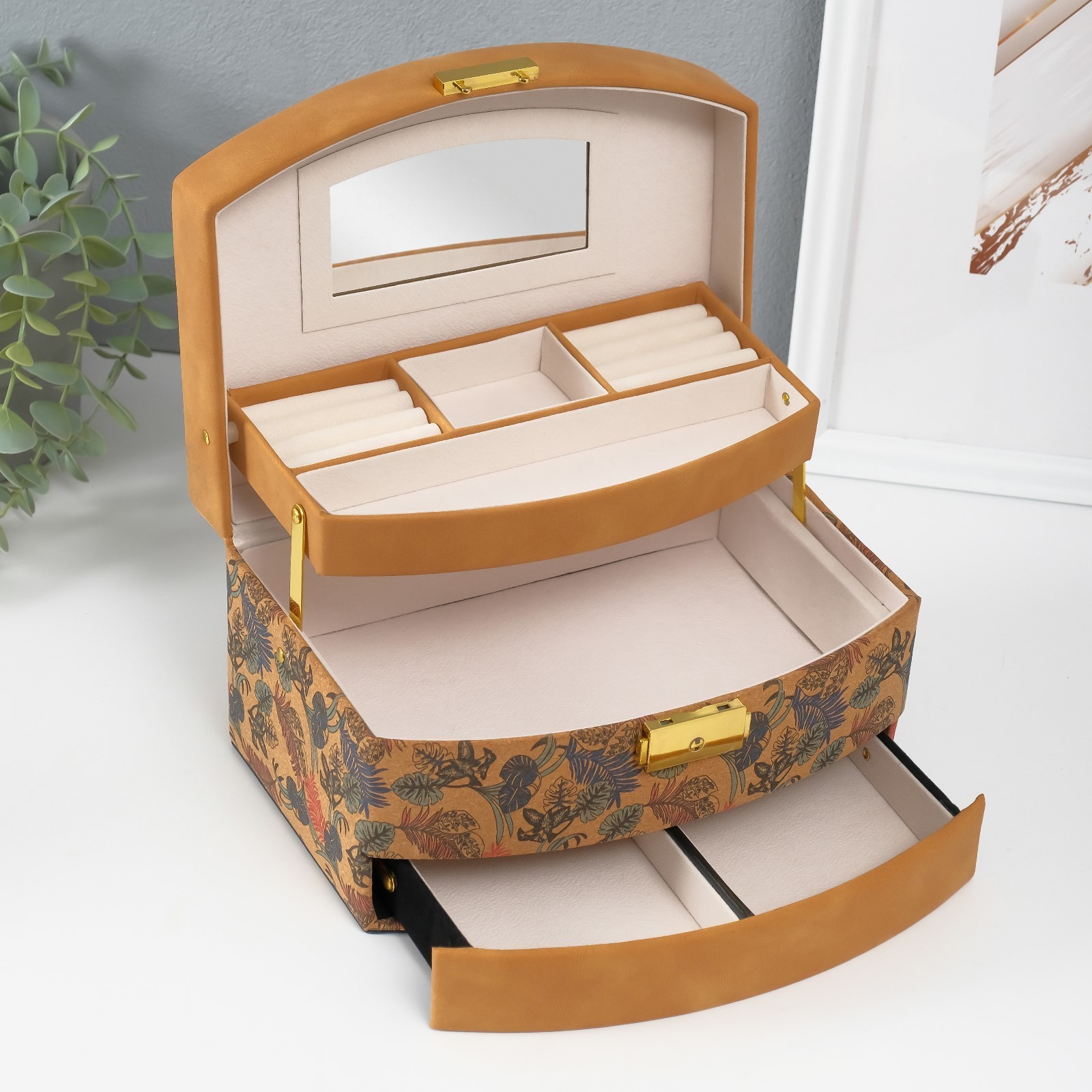 Изображение товара Шкатулка кожзам для украшений Пальмовые листья пробка 165х225х135 см 10527733