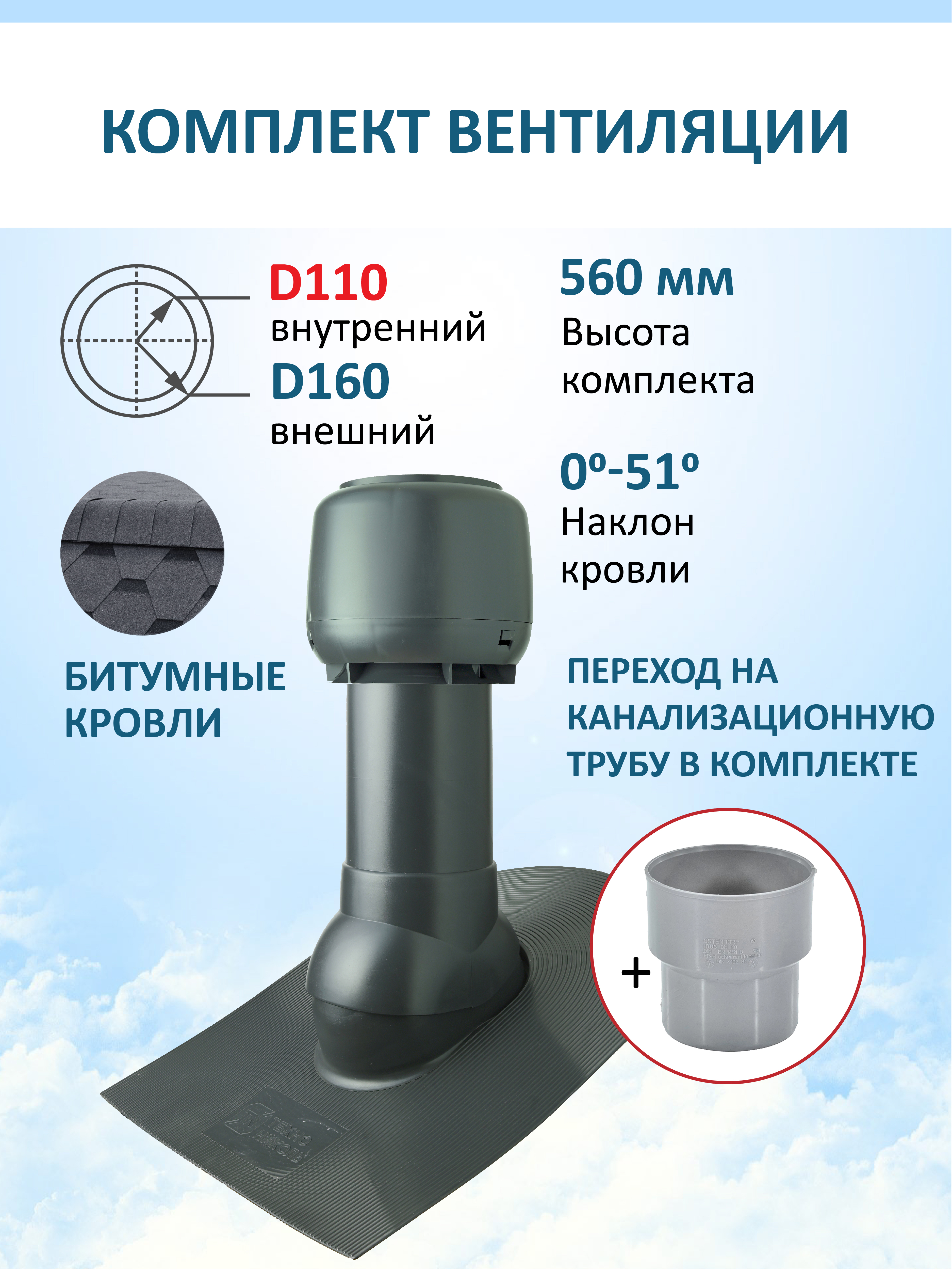 Изображение товара Кровельный вентиляционный комплект POLIVENT Polivent D160/500 Изображение товара Кровельный вентиляционный комплект POLIVENT Polivent D160/500