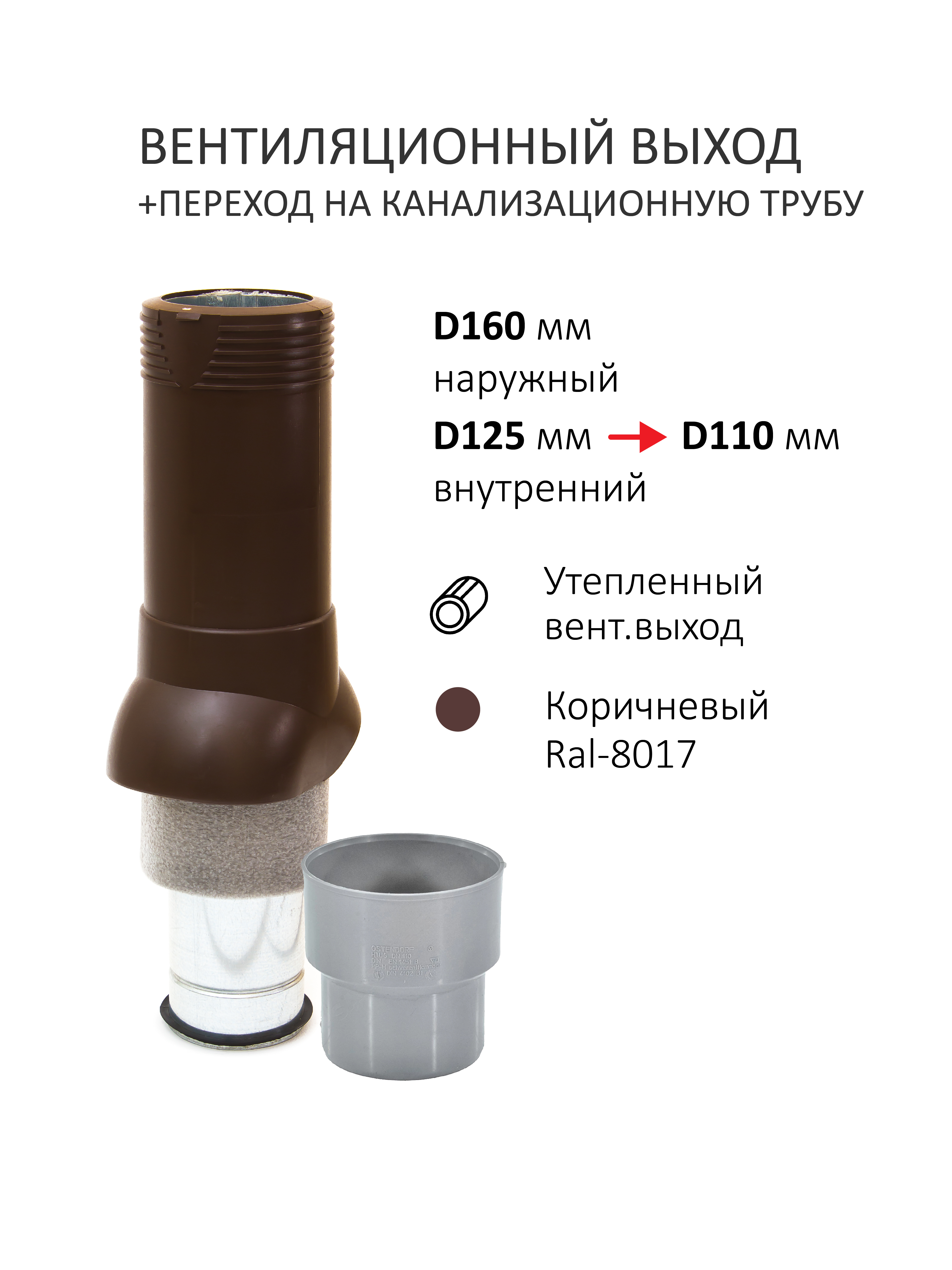 Изображение товара Турбодефлектор Polivent⌀160мм/Вентиляционный выход 500мм с переходом ⌀110мм проходной элемент для металлочерепицы Каскад RAL 8017 коричневый