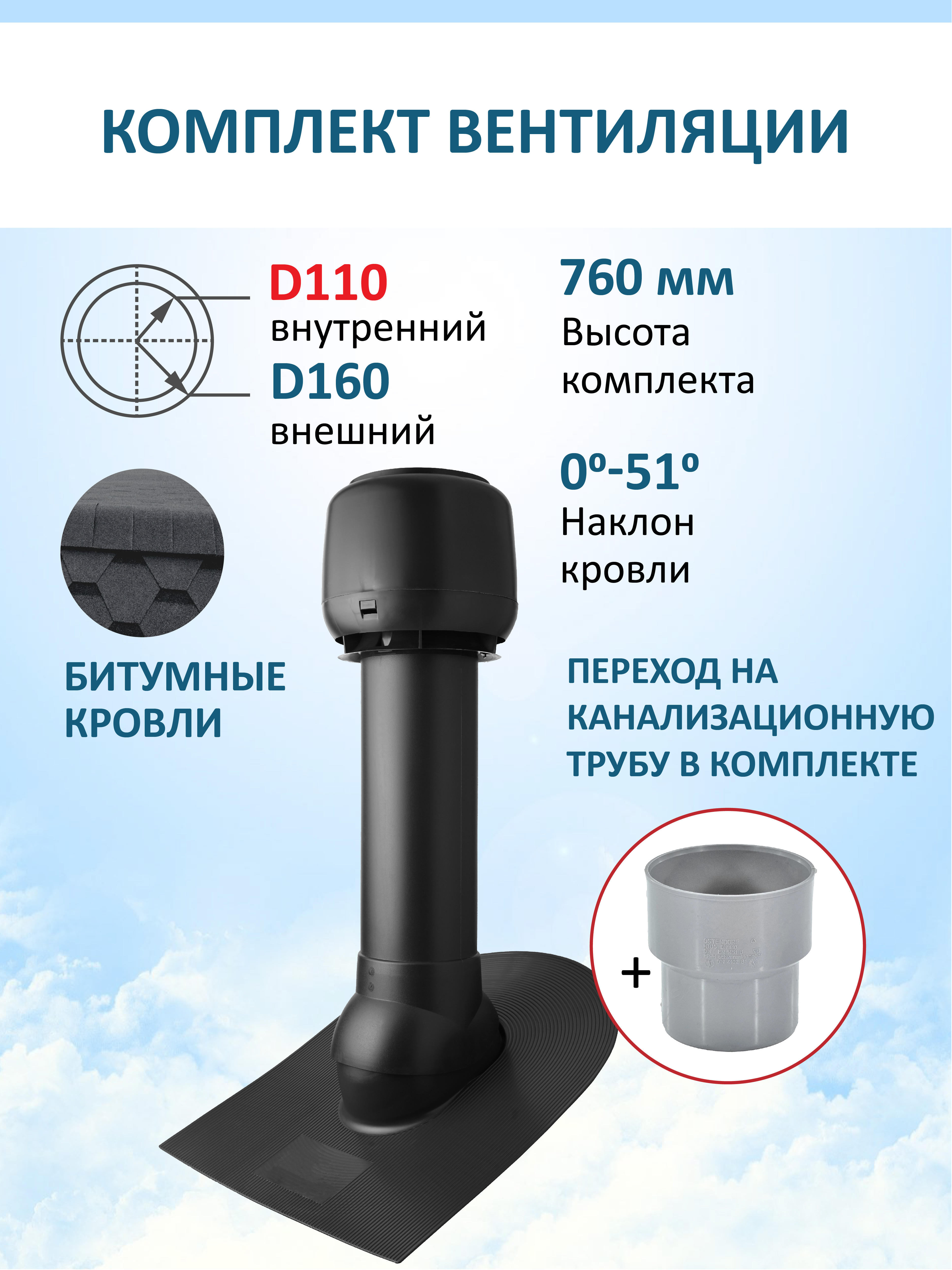 Изображение товара Колпак Polivent ⌀160мм/Вентиляционный выход 700мм с переходом ⌀110мм/проходной элемент для битумной кровли RAL 9005 чёрный